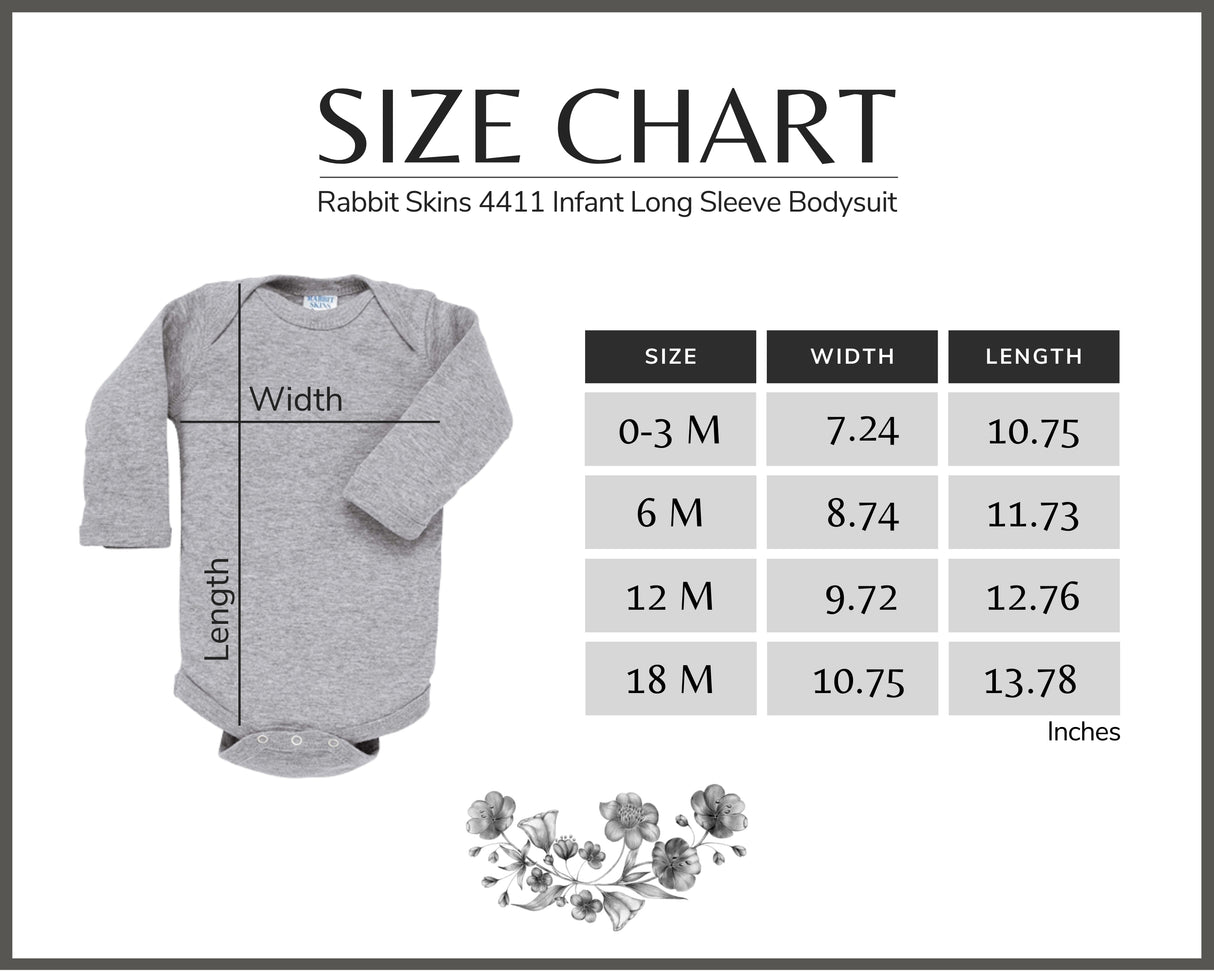 Size chart for Rabbit Skins 4411 Infant Long Sleeve Bodysuit with a gray bodysuit illustration.