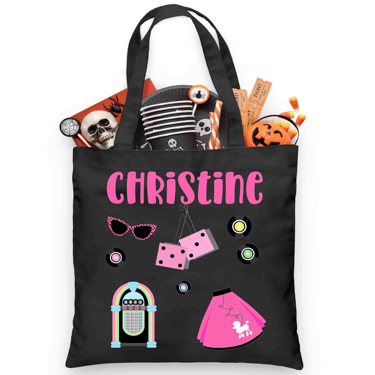Retro 50's Themed Trick or Treat Black Tote Bag - Petite & Sassy Designs