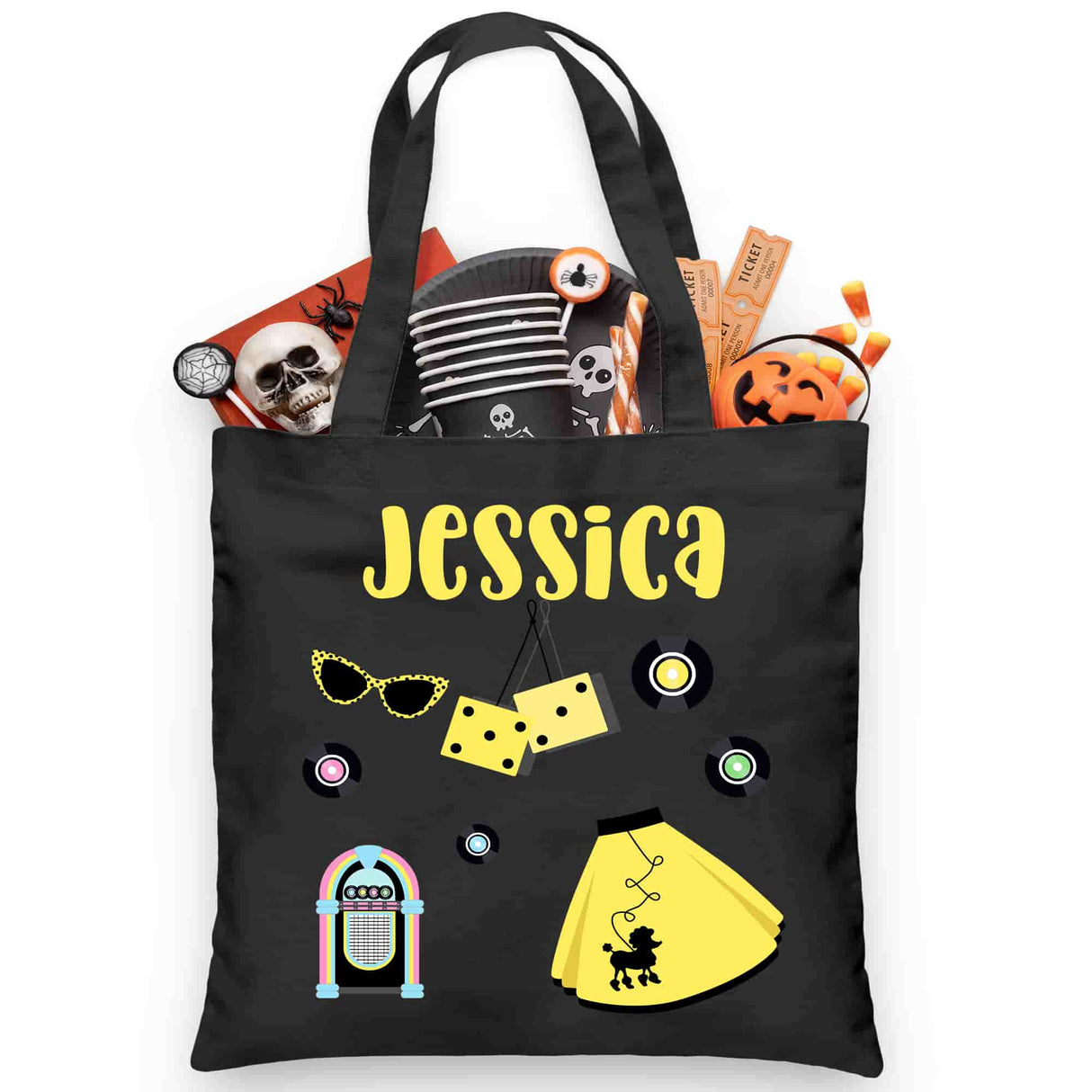 Retro 50's Themed Trick or Treat Black Tote Bag - Petite & Sassy Designs