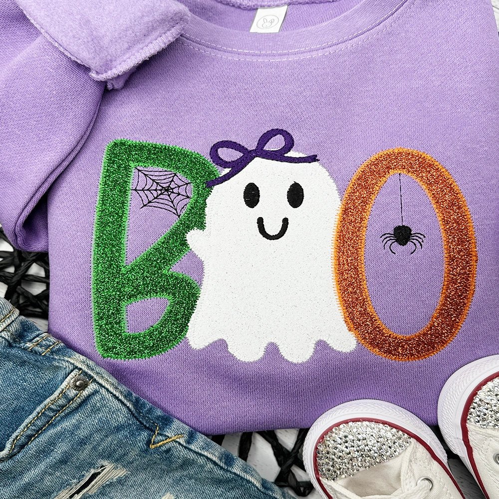 BOO Ghost Glitter Applique Sweatshirt – Cute Halloween Pullover in Purple Fleece - Petite & Sassy Designs