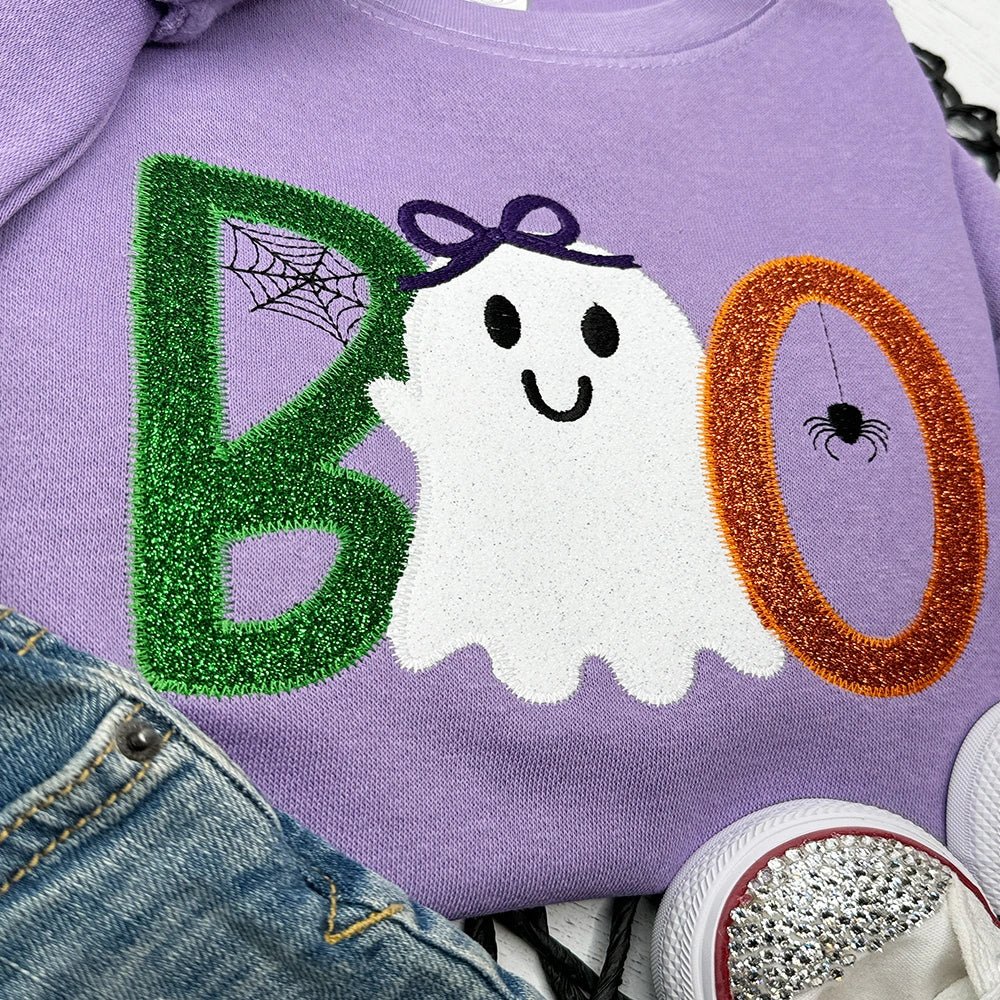 BOO Ghost Glitter Applique Sweatshirt – Cute Halloween Pullover in Purple Fleece - Petite & Sassy Designs