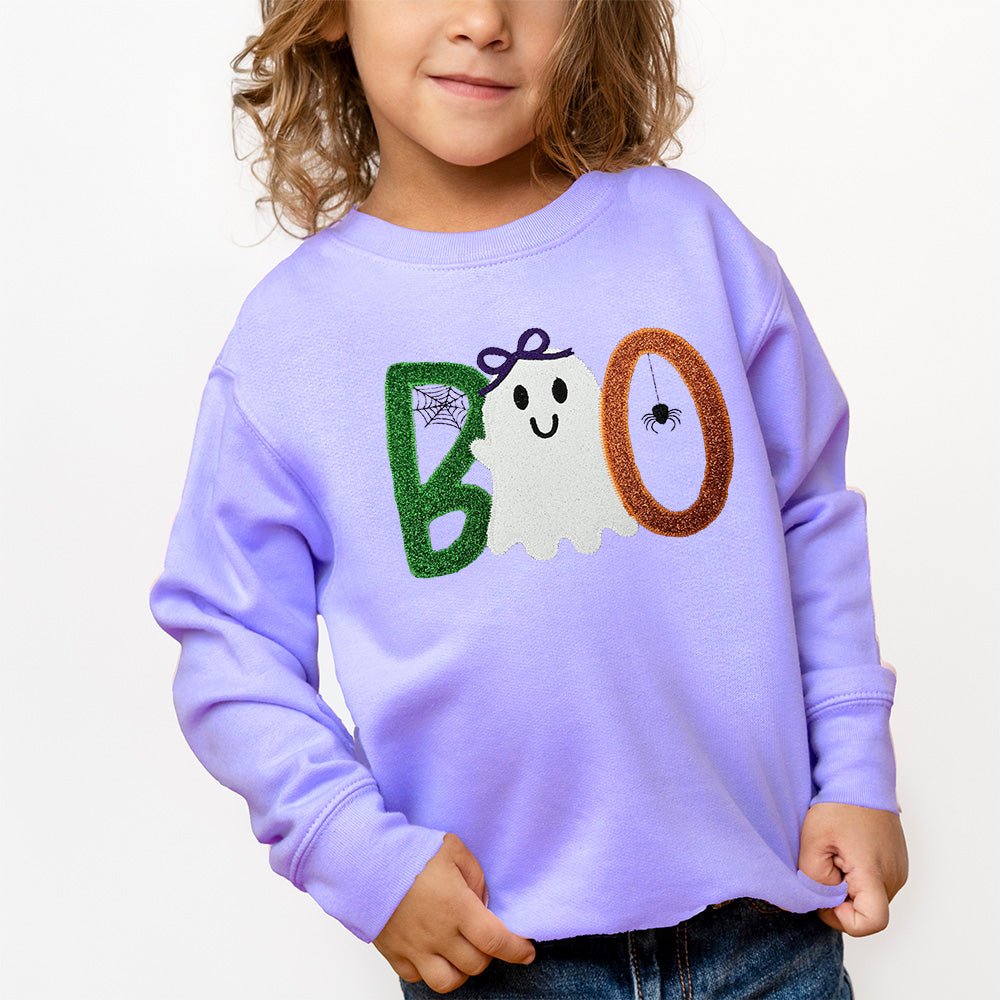 BOO Ghost Glitter Applique Sweatshirt – Cute Halloween Pullover in Purple Fleece - Petite & Sassy Designs