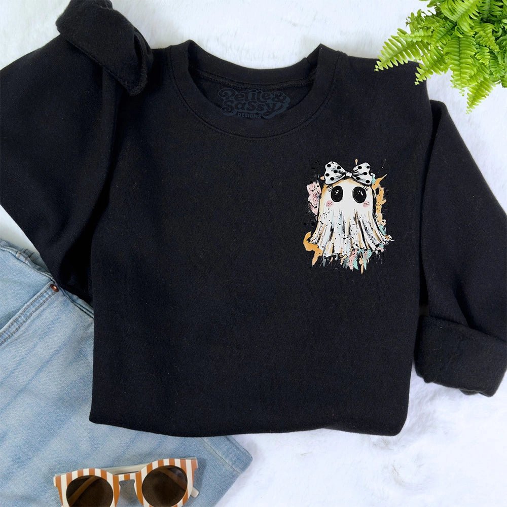 Left Chest Ghost with Bow Sweatshirt - Petite & Sassy Designs