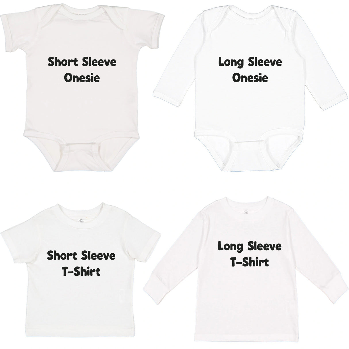 Set of white clothing items with text labels on a white background