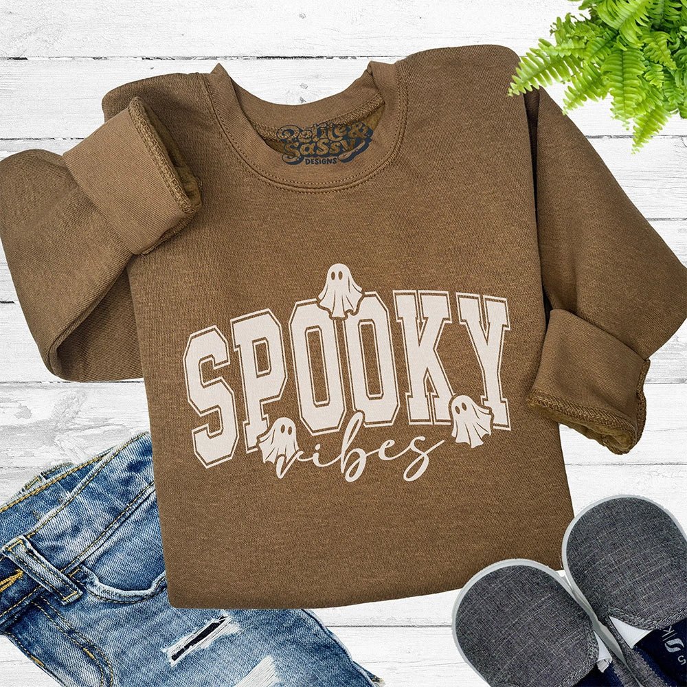 Spooky Vibes Sweatshirt – Halloween Pullover with Ghost Graphic - Petite & Sassy Designs
