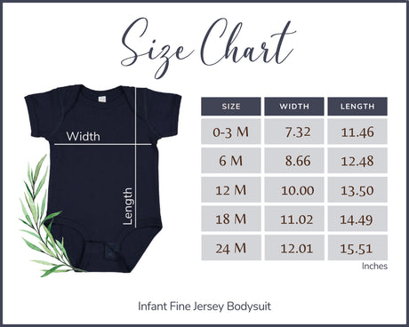 Size chart for infant fine jersey bodysuit with measurements in inches.