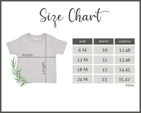 Size chart for a gray t-shirt with dimensions in centimeters and inches.