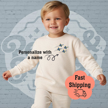 Personalized Kids Sweatshirt with Embroidered Blue Fighter Jets | Custom Name Airplane Sweatshirt - Petite & Sassy Designs