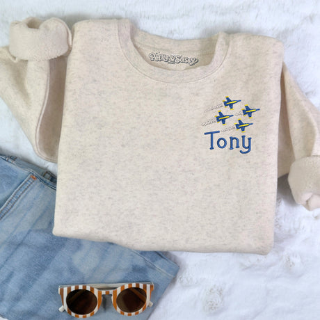 Personalized Kids Sweatshirt with Embroidered Blue Fighter Jets | Custom Name Airplane Sweatshirt - Petite & Sassy Designs