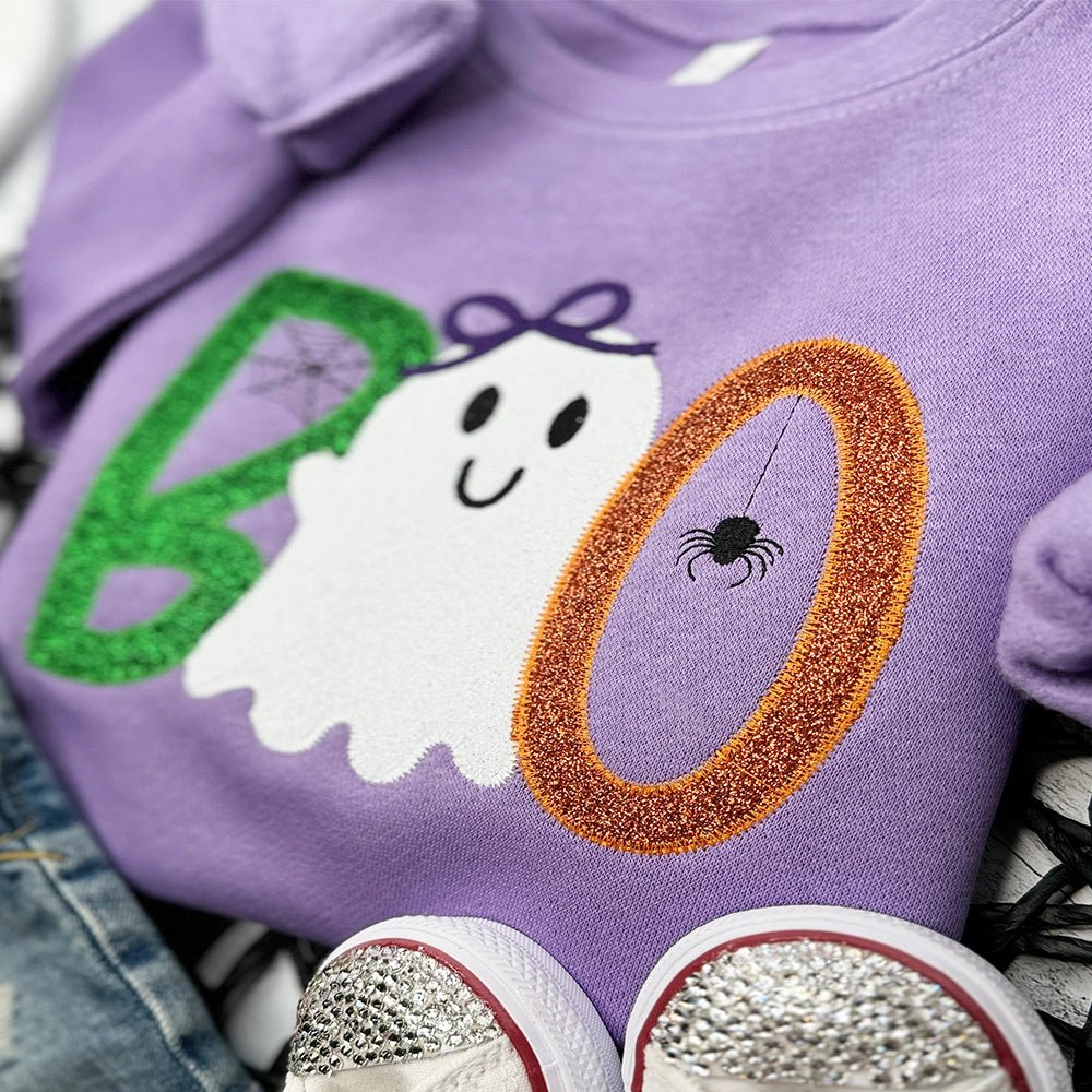 BOO Ghost Glitter Applique Sweatshirt – Cute Halloween Pullover in Purple Fleece - Petite & Sassy Designs