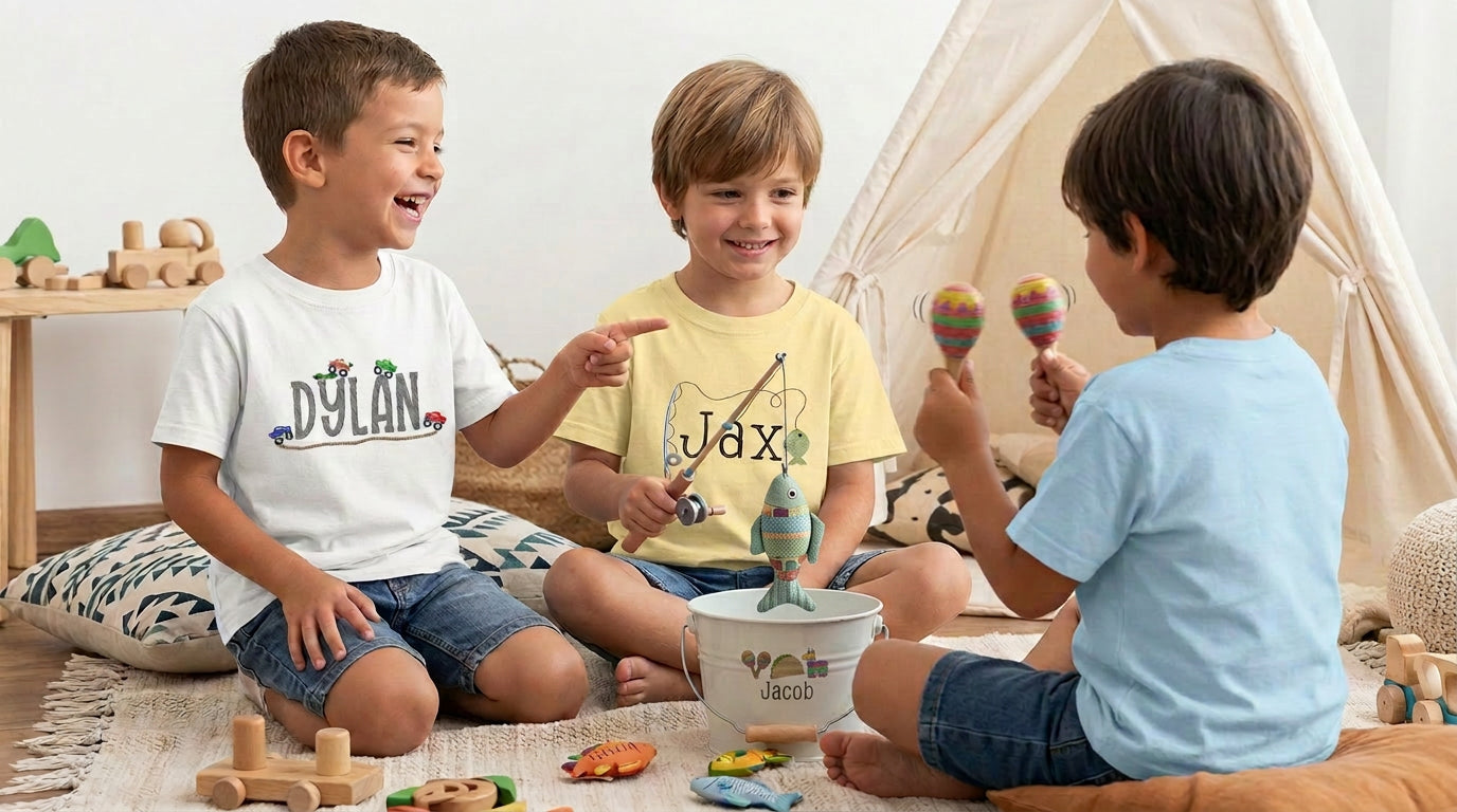 Three children sitting on a floor in a playroom, wearing custom printed t-shirts. The child on the left wears a white t-shirt with 'DYLAN' and a fish graphic, pointing at the child in the center who wears a yellow t-shirt with 'Jax' and a fishing rod graphic.