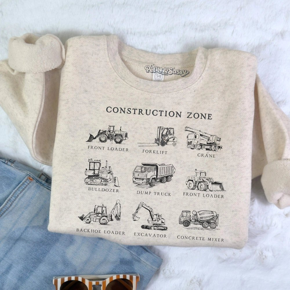 Construction Zone Kids Sweatshirt | Toddler Truck Lover Shirt | Boys Bulldozer Dump Truck Crewneck | - Petite & Sassy Designs