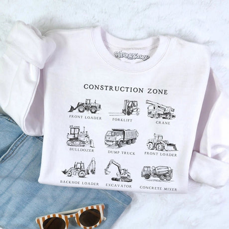 Construction Zone Kids Sweatshirt | Toddler Truck Lover Shirt | Boys Bulldozer Dump Truck Crewneck | - Petite & Sassy Designs