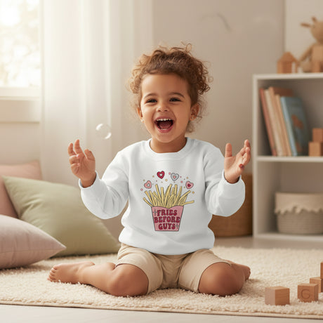 Child wearing a white sweatshirt with a colorful design, sitting on the floor in a room with books and toys.