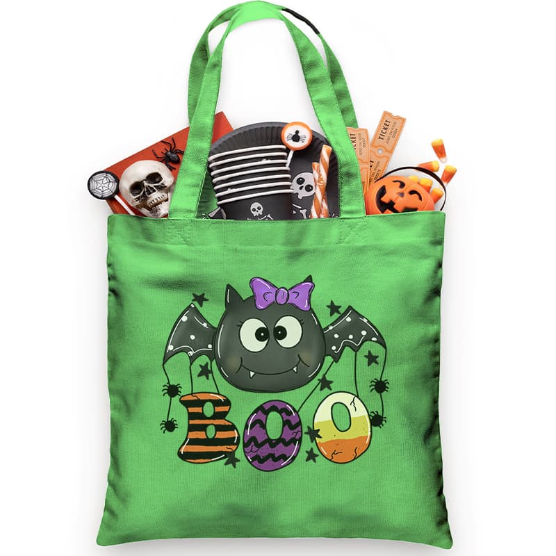 This adorable Halloween candy tote is the perfect size for little ones trick or treating. It is embellished with an adorable little bat with the words BOO. The best part is that it comes personalized with your child’s name, for FREE, to stake a claim on their candy! 