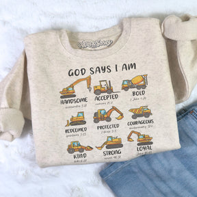Kids natural colored sweatshirt with God Says I Am design with construction vehicles above affirmations and bibles verses to match the word