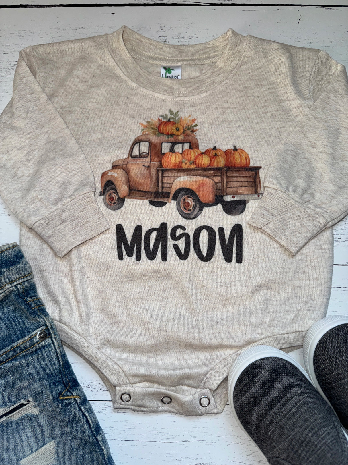 Personalized Pumpkin Truck Long Sleeve Baby Bodysuit