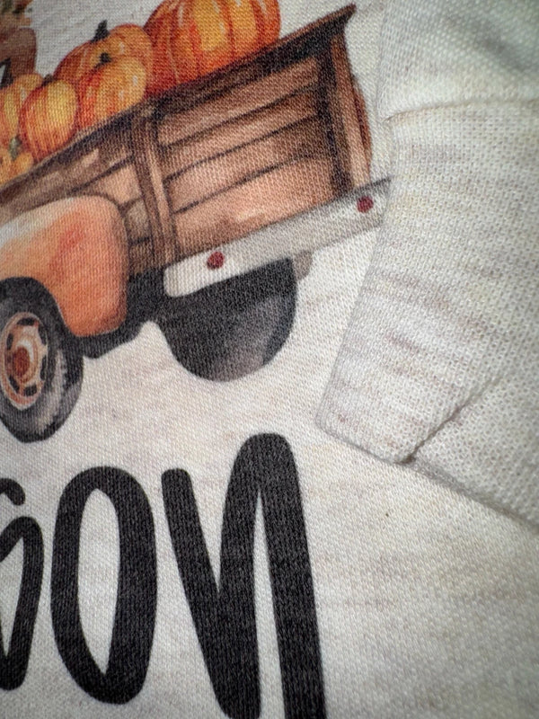 Close-up of a light beige knit garment featuring a printed graphic of an orange truck carrying pumpkins and large black lettering.