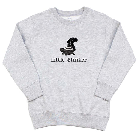 Gray sweatshirt with black graphic and 'Little Stinker' text on a white background