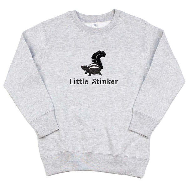Little Stinker Toddler Embroidered Heather Gray Sweatshirt | Fringe-Tailed Skunk - Petite & Sassy Designs