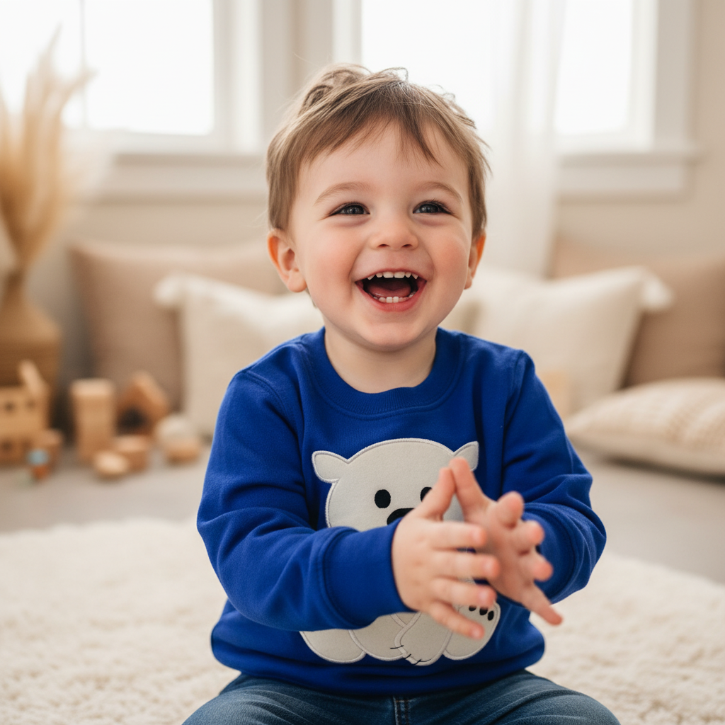 A smiling toddler wearing a royal blue long-sleeve sweatshirt with a white polar bear embroidered on the front.