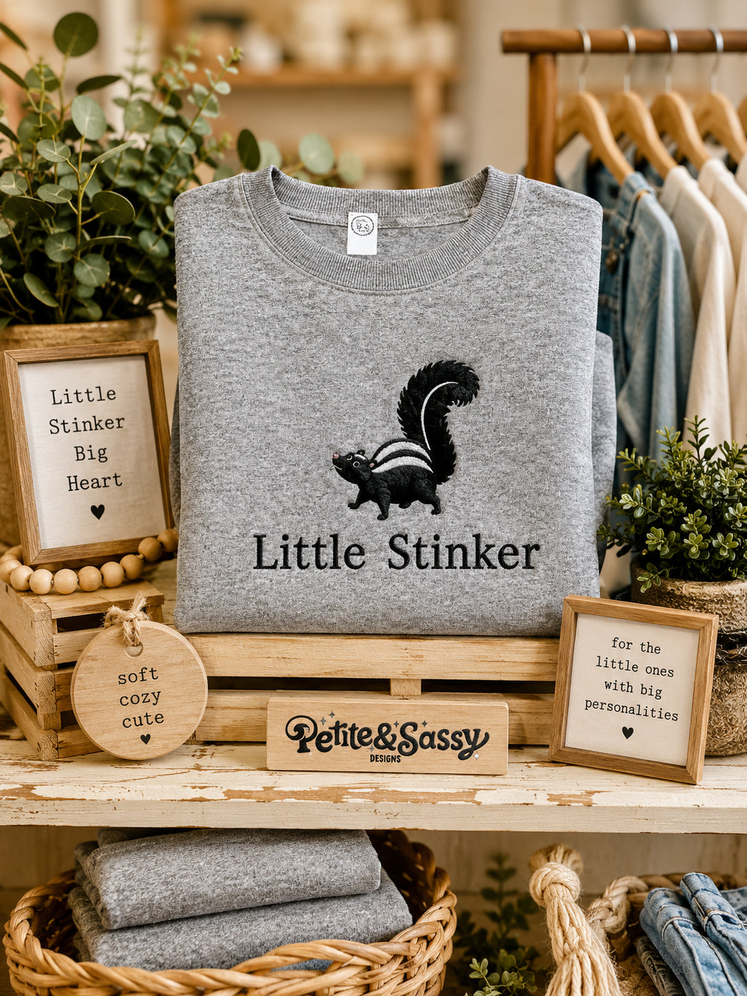 Little Stinker Toddler Embroidered Heather Gray Sweatshirt | Fringe-Tailed Skunk