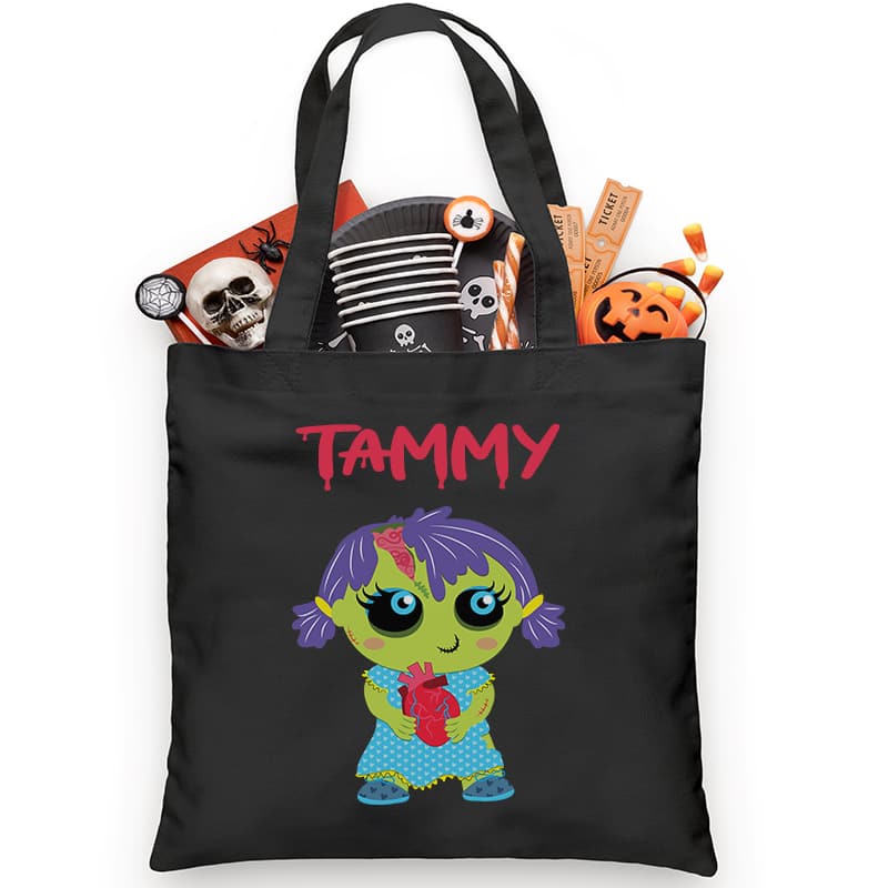 This adorable Halloween candy tote is perfect for little ones trick or treating. It is embellished with a little zombie girl. The best part is that it comes personalized with your child’s name, for FREE, to stake a claim on their candy!