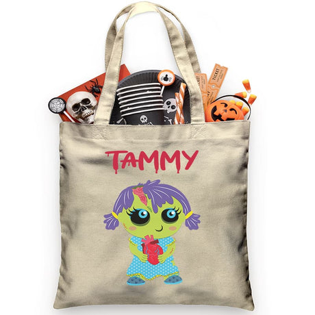 This adorable Halloween candy tote is perfect for little ones trick or treating. It is embellished with a little zombie girl. The best part is that it comes personalized with your child’s name, for FREE, to stake a claim on their candy!