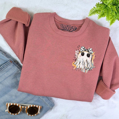 Left Chest Ghost with Bow Sweatshirt - Petite & Sassy Designs