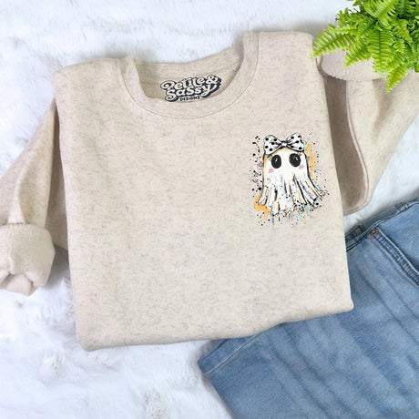 Left Chest Ghost with Bow Sweatshirt - Petite & Sassy Designs