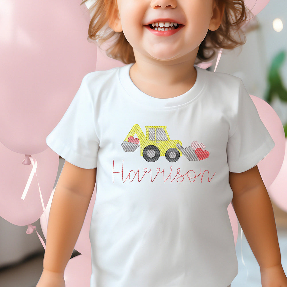 Baby onesie with a bulldozer design and 'Sammy' text on a red and white striped background.