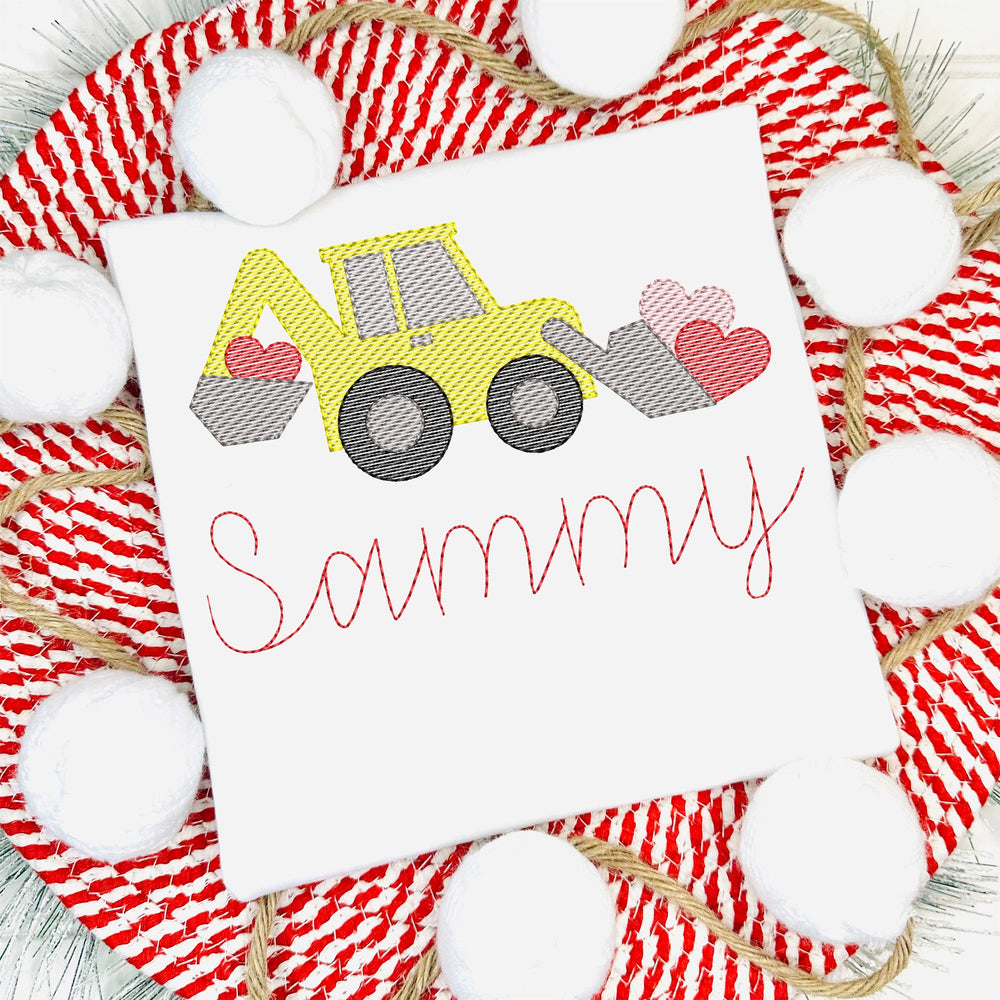 Baby onesie with a bulldozer design and 'Sammy' text on a red and white striped background.
