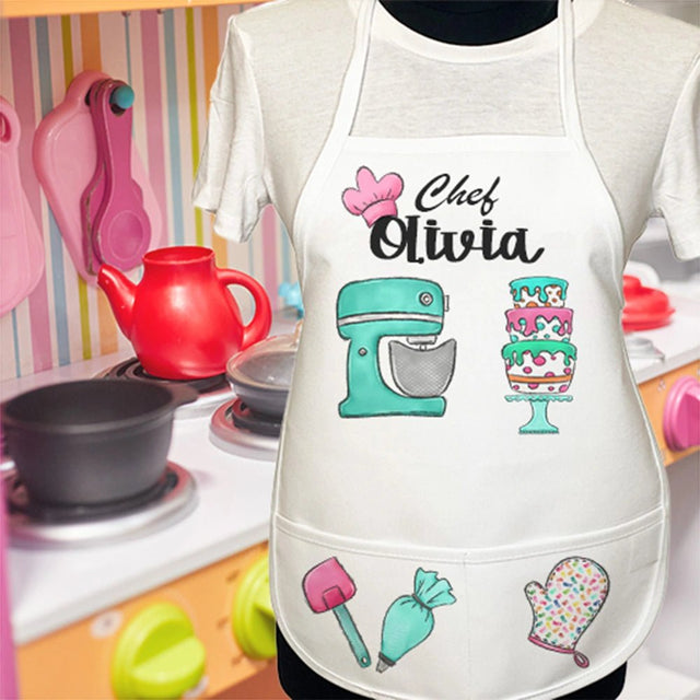 Personalized Kids Cake Baking Apron with Mixer & Layer Cake Design - Petite & Sassy Designs