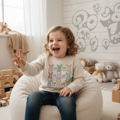 Multi colored bunny collage on kids natural colored sweatshirt