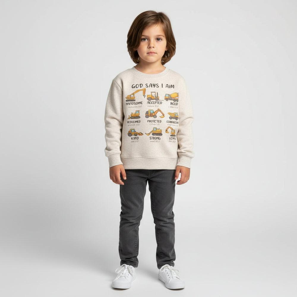 Kids natural colored sweatshirt with God Says I Am design with construction vehicles above affirmations and bibles verses to match the word
