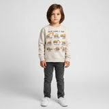 Child wearing a beige sweatshirt with text and graphics on a white background 
Kids natural colored sweatshirt with God Says I Am design with construction vehicles above affirmations and bibles verses to match the wordbackground