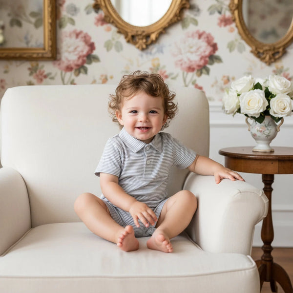 Boy's Polo Gray Stripe Romper - Petite & Sassy Designs