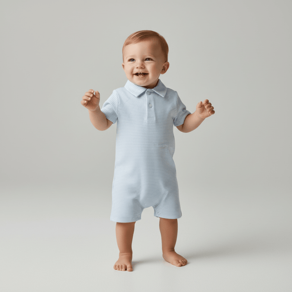 Boy's Polo Light Blue Stripe Romper - Petite & Sassy Designs