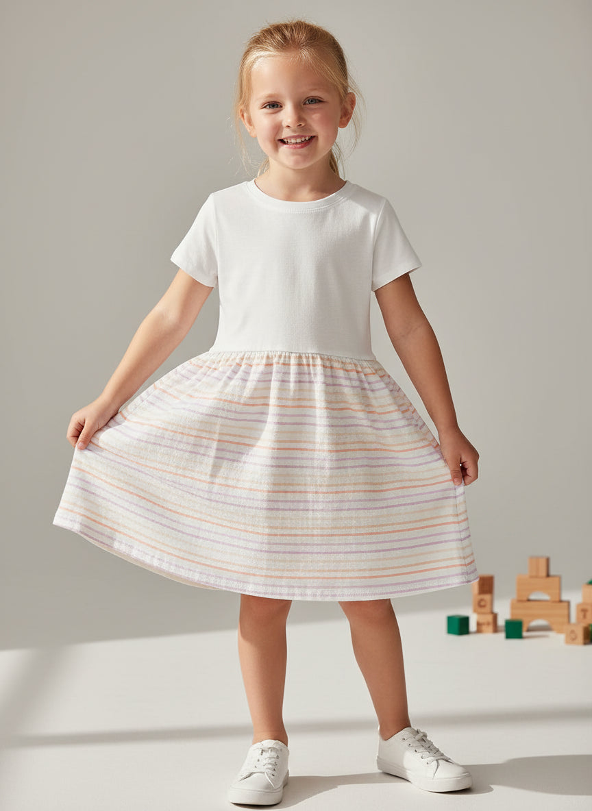 Girls Fine Jersey Dress in White/Lilac Stripe