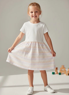 Girls Fine Jersey Dress in White/Lilac Stripe - Petite & Sassy Designs