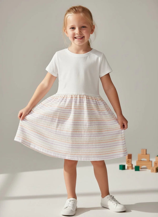 Girls Fine Jersey Dress in White/Lilac Stripe - Petite & Sassy Designs