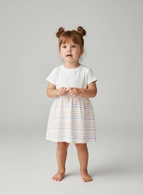 Girls Fine Jersey Dress in White/Lilac Stripe