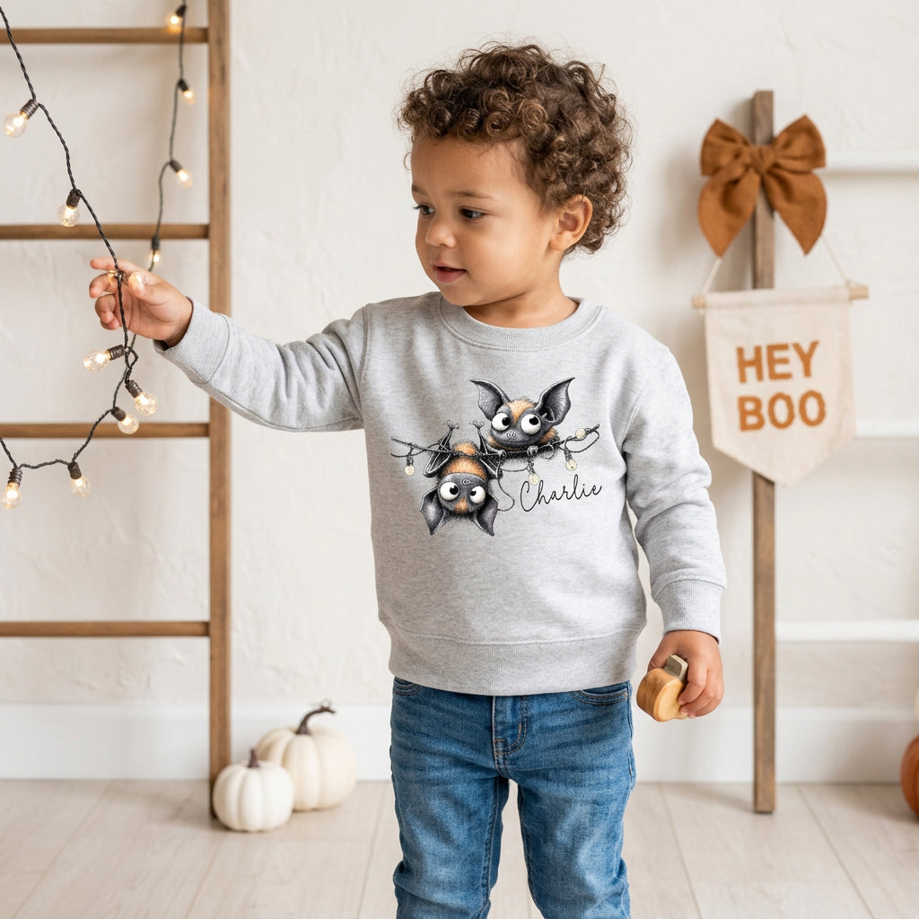 A toddler stands indoors wearing a light gray sweatshirt with a Halloween graphic of two bats and the name 'Charlie' printed on the front, paired with blue jeans. The room has warm decor including string lights, small pumpkins, and a wooden banner that says 'HEY BOO'.