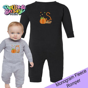 Pumpkin Monogram Fleece Romper - Black - Petite & Sassy Designs