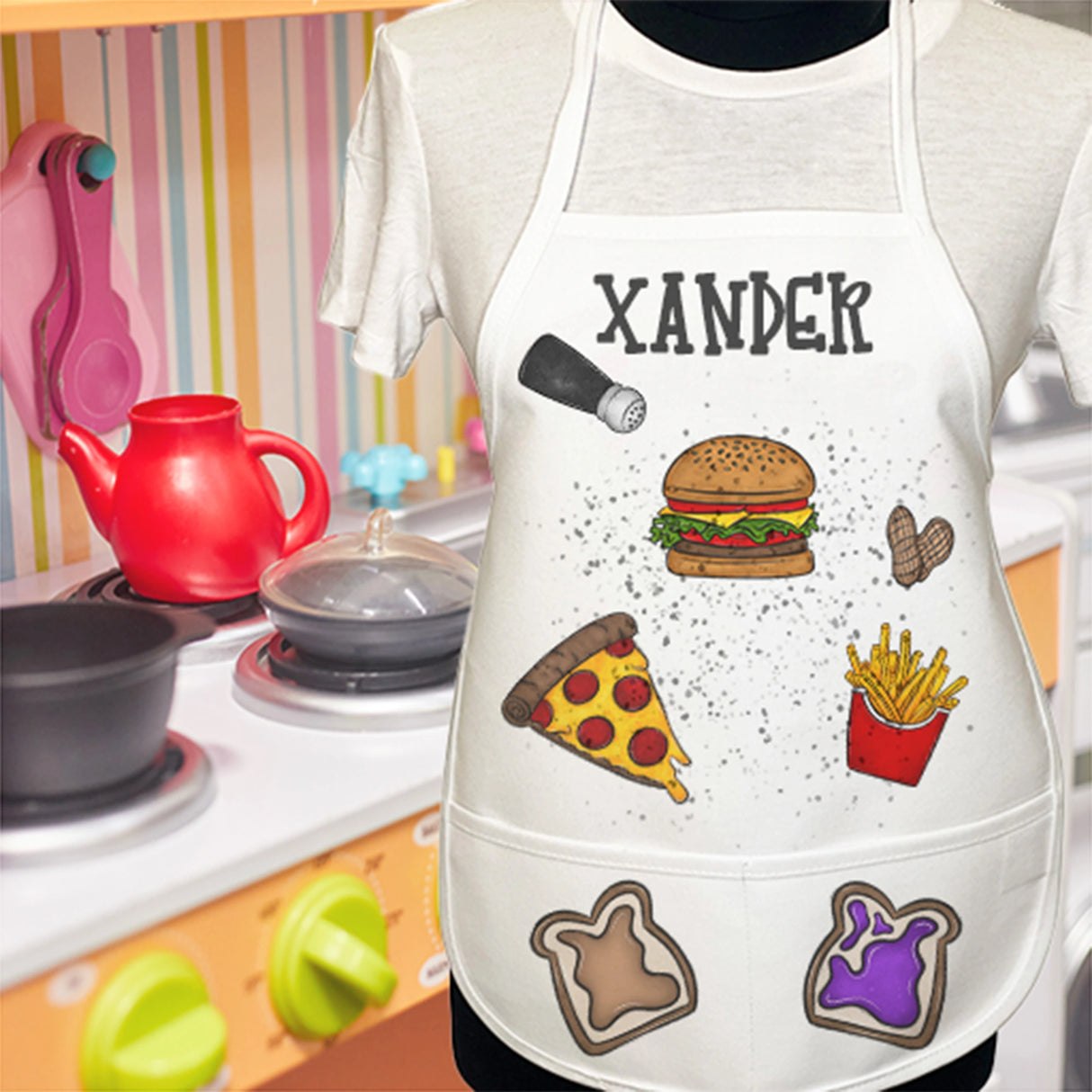 Personalized Kids Apron – Burger, Pizza & Fries Foodie Design - Petite & Sassy Designs