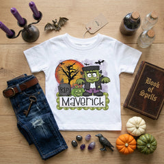 Personalized Frankenstein Halloween Shirt for Kids, Custom Name Toddler T-Shirt, Cute Monster Trick or Treat Tee, Boys Halloween Outfit