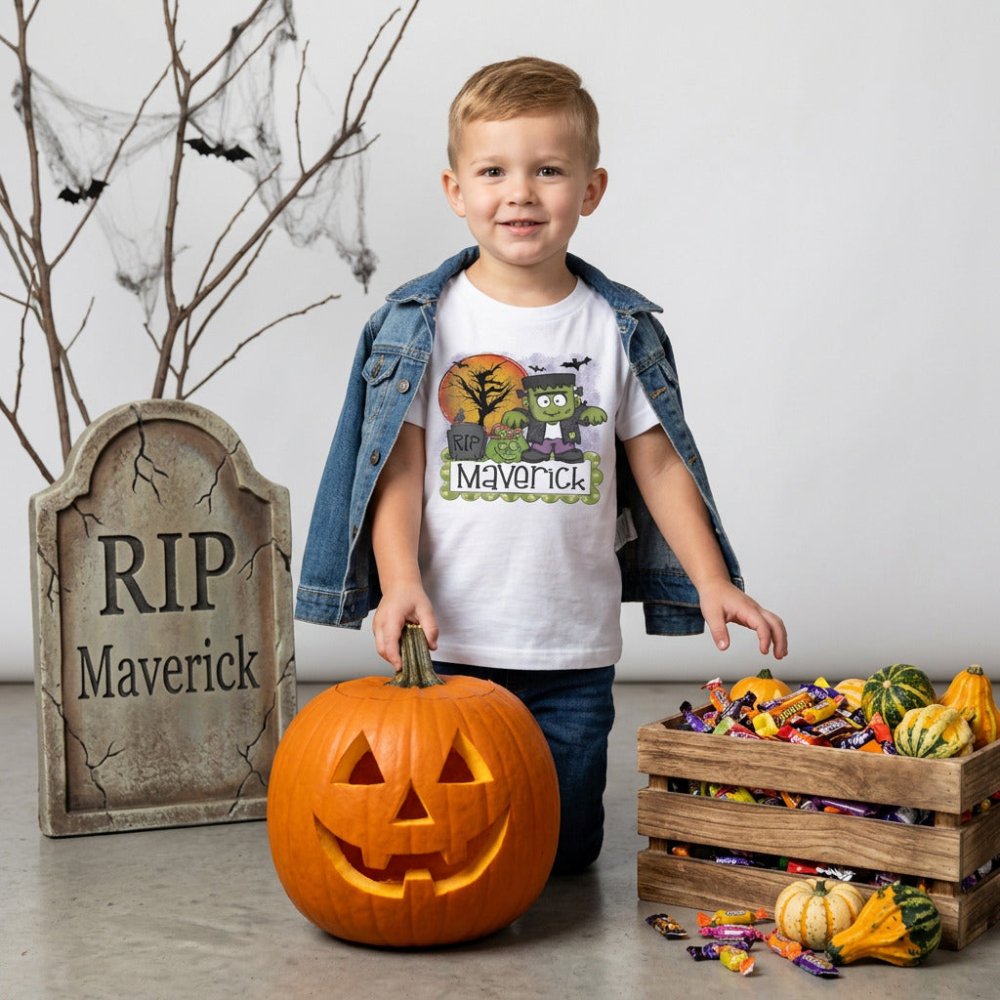 A white kids' T-shirt with a colorful Halloween graphic of a green monster, tombstones, bats, and the name 'Maverick' printed on the front, styled in a flat lay on a wooden surface with jeans, candles, bottles, a book, and small pumpkins.