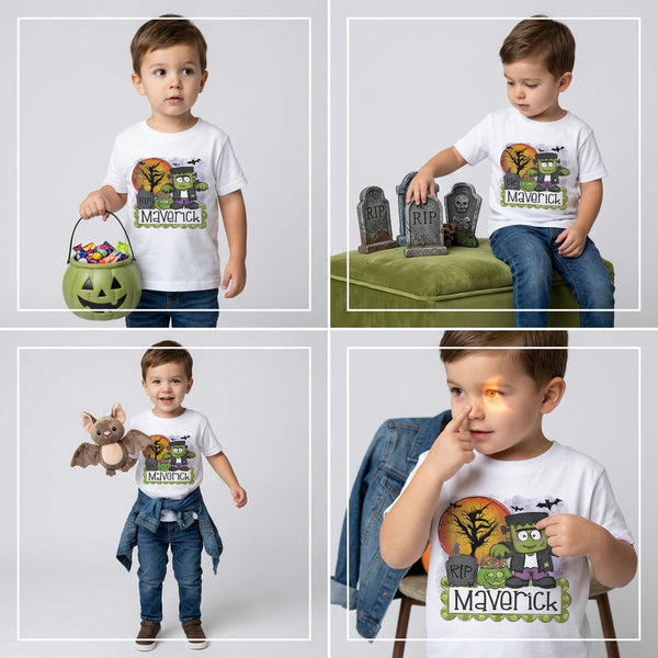 Personalized Frankenstein Halloween Shirt for Kids, Custom Name Toddler T-Shirt, Cute Monster Trick or Treat Tee, Boys Halloween Outfit