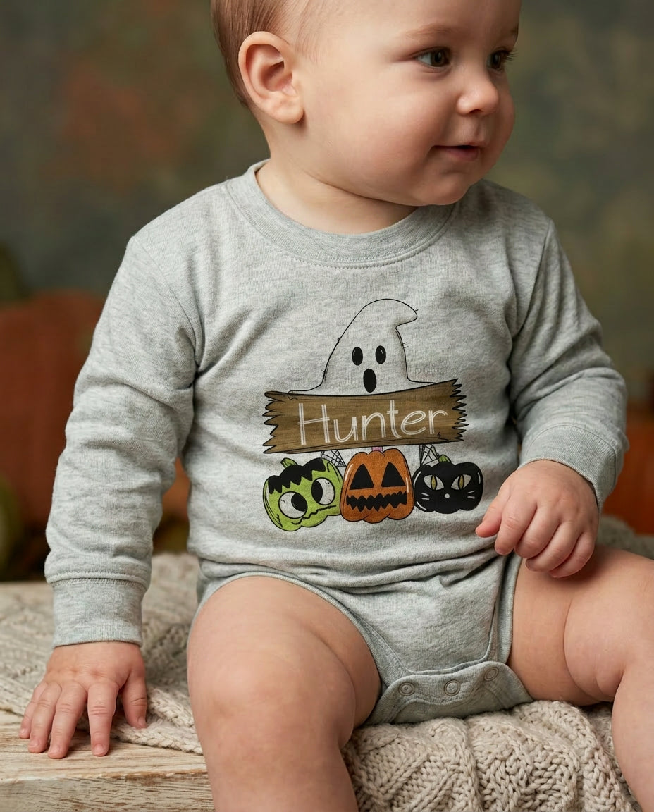 heather green baby bodysuit with ghost and custom name design