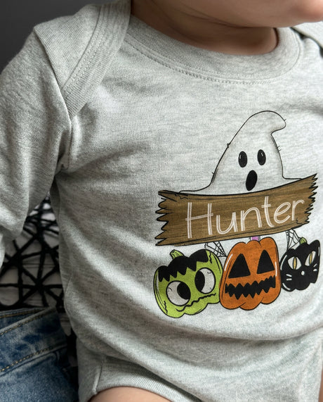 heather green baby bodysuit with ghost and custom name design